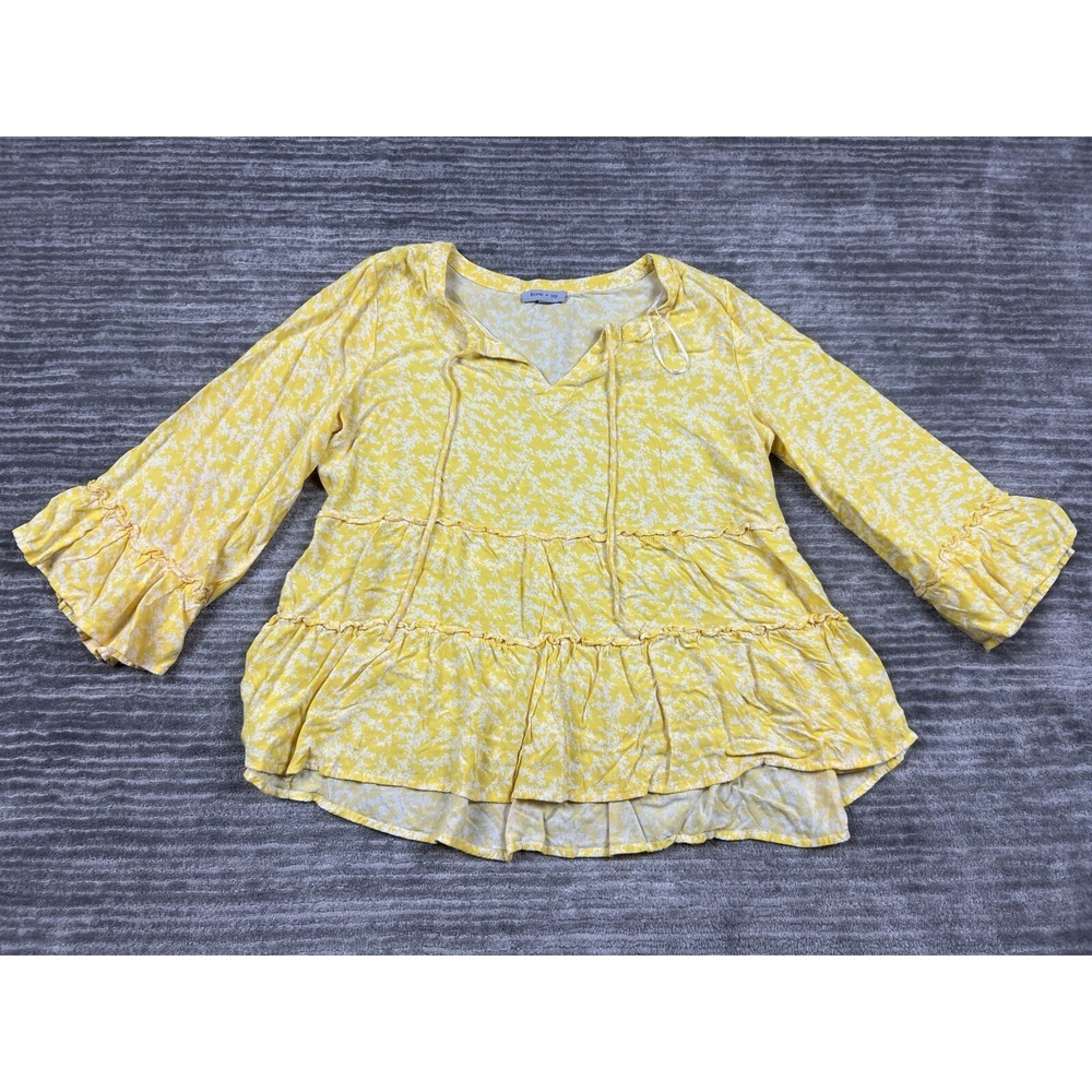 Floral & Ivy Blouse Womens L Yellow Floral Tiered Babydoll Ruffle 3/4 Sleeve Top
